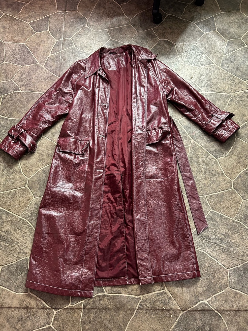 Women's Burgundy Faux Leather Trench Coat